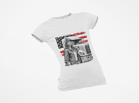 Lady Truck Driver with US Flag
