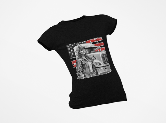 Lady Truck Driver with US Flag